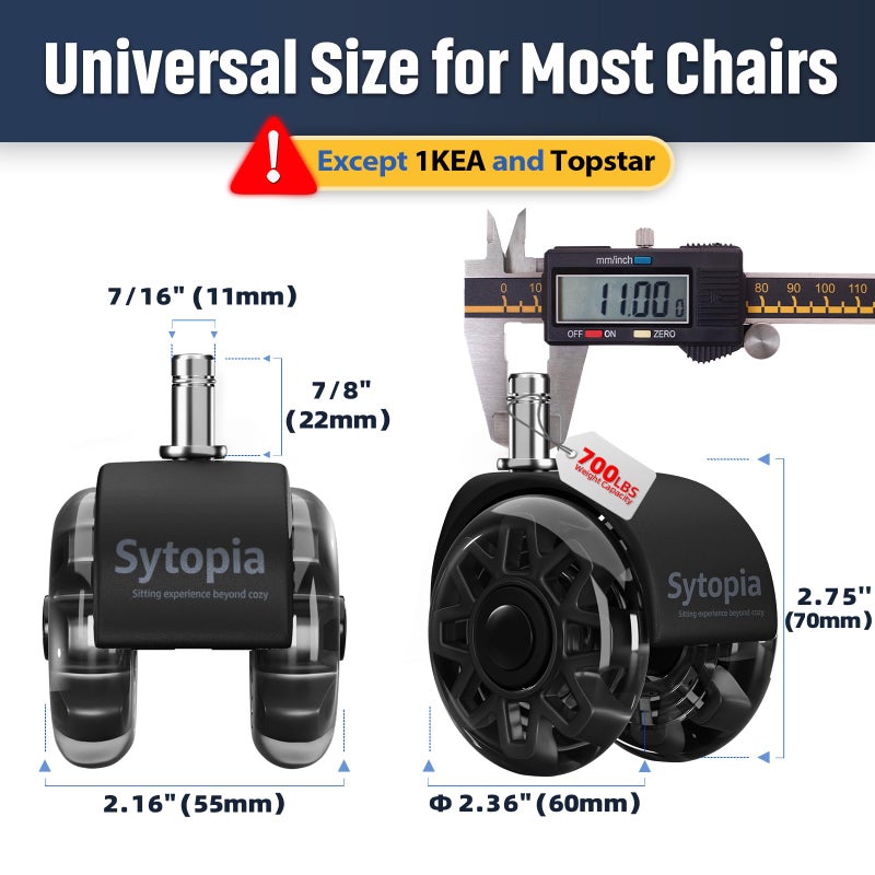 Sytopia Office Chair Wheels Replacement  2.5 Inch Heavy Duty Caster Set  For Carpet And Hardwood Floors  Universal Size 11X22Mm  Fits 99%  Black - Image 2