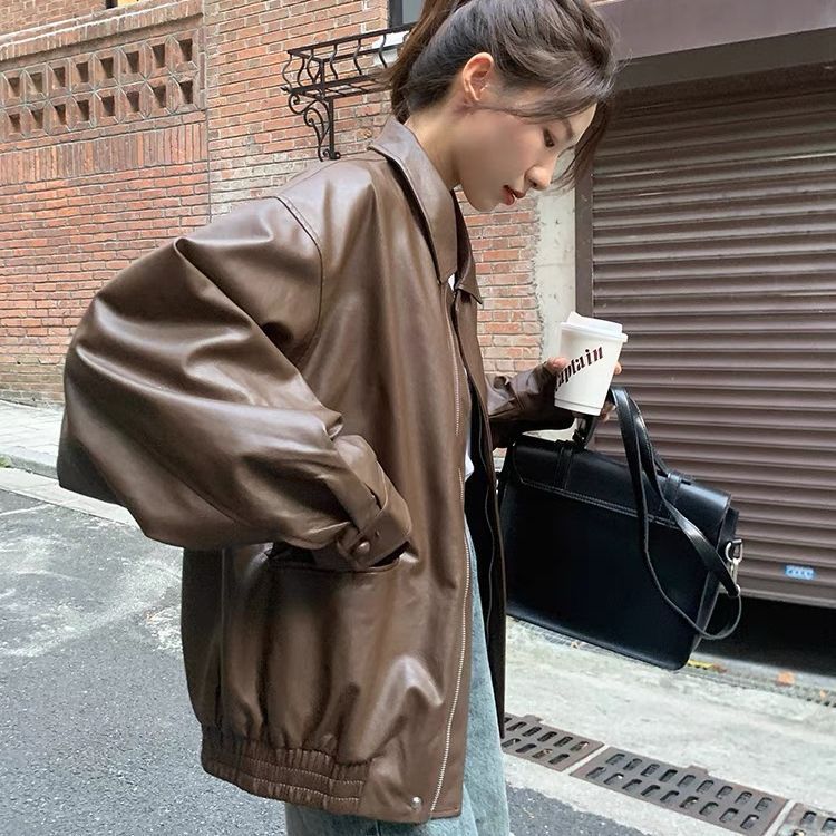 Generic Hong Kong Style Brown Leather Coat Womens Autumn Loose American Style Retro Fashion Western Style Motorcycle Jacket 2025 New Dark brown