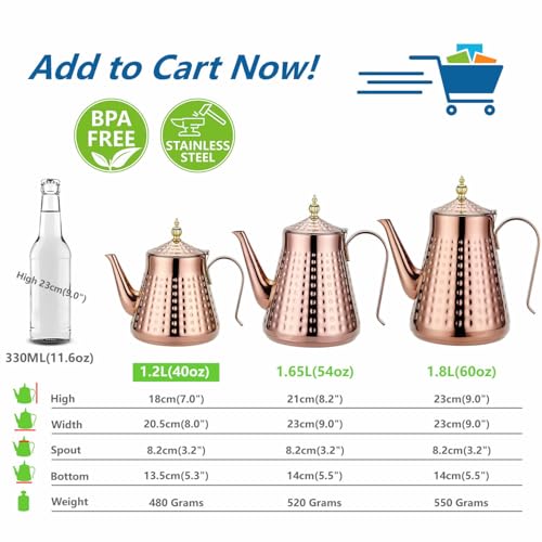 SANQIAHOME 1.2L(40oz) Stainless Steel Hammer Patterned Teapot With Removeable Infuser,Loose leaf cover,Copper - Image 5
