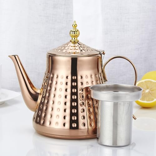 SANQIAHOME 1.2L(40oz) Stainless Steel Hammer Patterned Teapot With Removeable Infuser,Loose leaf cover,Copper - Image 3