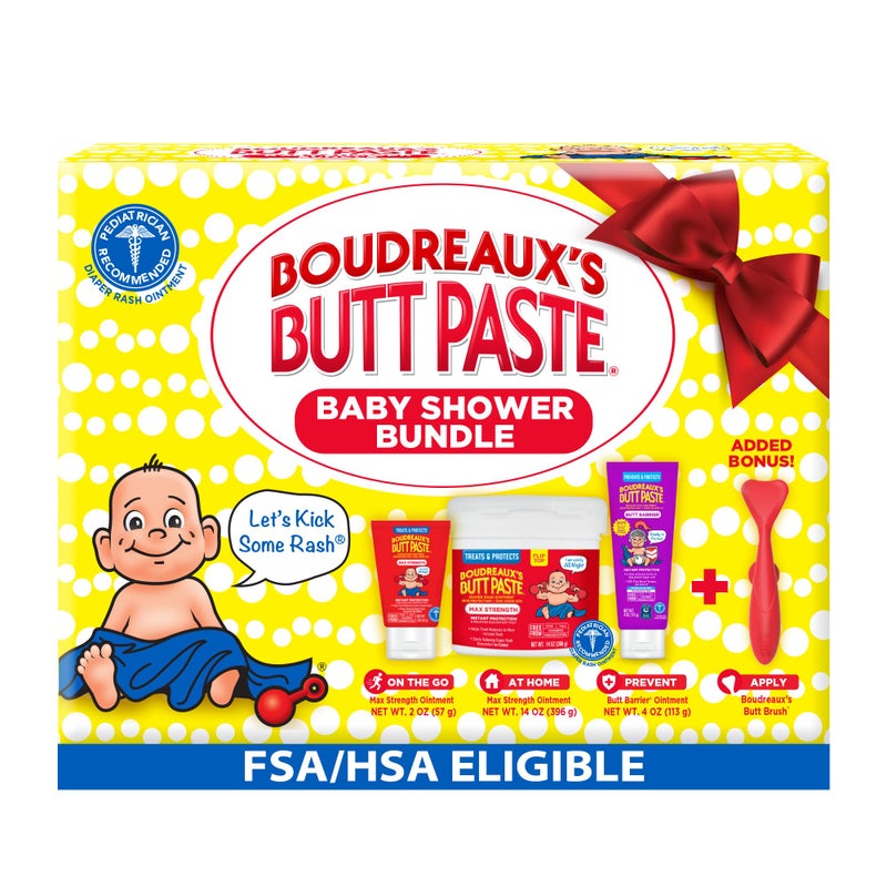 Boudreaux's Butt Paste Boudreauxâ€™s Butt Paste Baby Shower Bundle with 3 Newborn Essentials â€“ Zinc Oxide Diaper Rash Cream (14 Oz Jar & 2 Oz Tube), Preventative Ointment (4 Oz Tube) and Silicone Applicator - Image 1