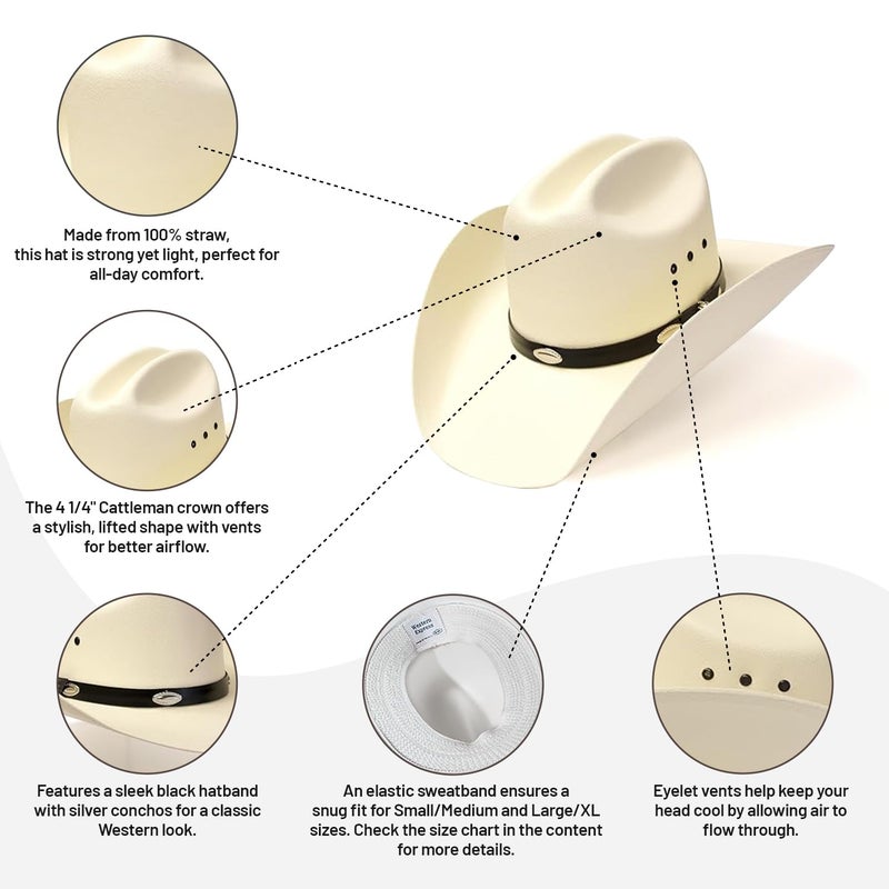 Western Express Natural Straw Cowboy Hat for Men and Women - Cattleman Style with Black Hat Band and Silver Conchos - Image 4