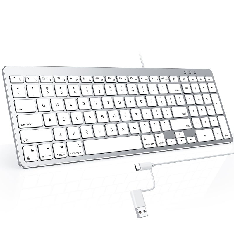 OMOTON Wired Keyboard Compatible with Mac with Dual Interface USB and TypeC Numeric Keypad Compatible with MacBook ProAir iMac Mac miniPro Laptop Silver - Image 2