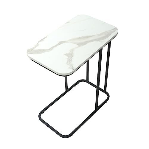 DECOWORLD|| Premium Side Table || Metal Side Table with Wooden Top || End Table for Living Room, Sofa C Type Table or Bed Side Stand (White Marble Top Finish on Engineered Wood with Black Stand) - Image 1