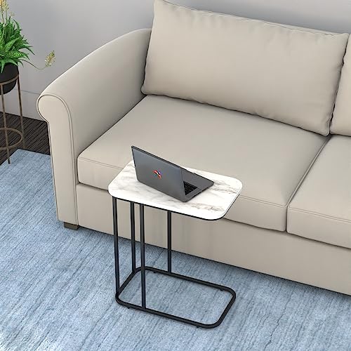 DECOWORLD|| Premium Side Table || Metal Side Table with Wooden Top || End Table for Living Room, Sofa C Type Table or Bed Side Stand (White Marble Top Finish on Engineered Wood with Black Stand) - Image 2