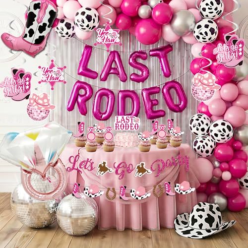 jenlion Last Rodeo Bachelorette Party Decorations Cowgirl Western Bridal Shower Fringe Curtain Balloon Garland Glitter Banner last rode foil balloons Pink Silver Balloon Garland Arch Kit - Image 1