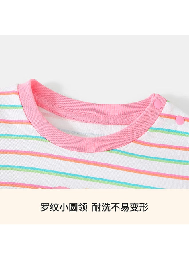 Classic Teddy Girls' Long Sleeve T-shirt Children's Spring Cotton Sweet Striped Base Shirt Pink Size 90 - Image 1