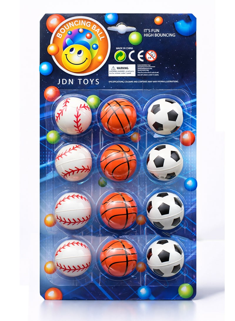 12PCS Assorted Bouncing Balls – High Bounce Sports Balls Set for Kids with Basketball, Soccer, and Baseball Designs – Mini Rubber Balls for Party Favors, School Rewards, and Outdoor Play - Image 1