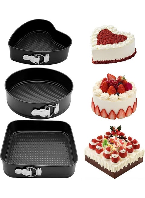 3 Pcs Springform Set Round, Heart And Square - Spring-Form Pan, Rectangle Cake Pan With Removable Bottom Leak-Proof And Quick Release Latch Bakeware Round/Heart-Shaped Spring Form Pan