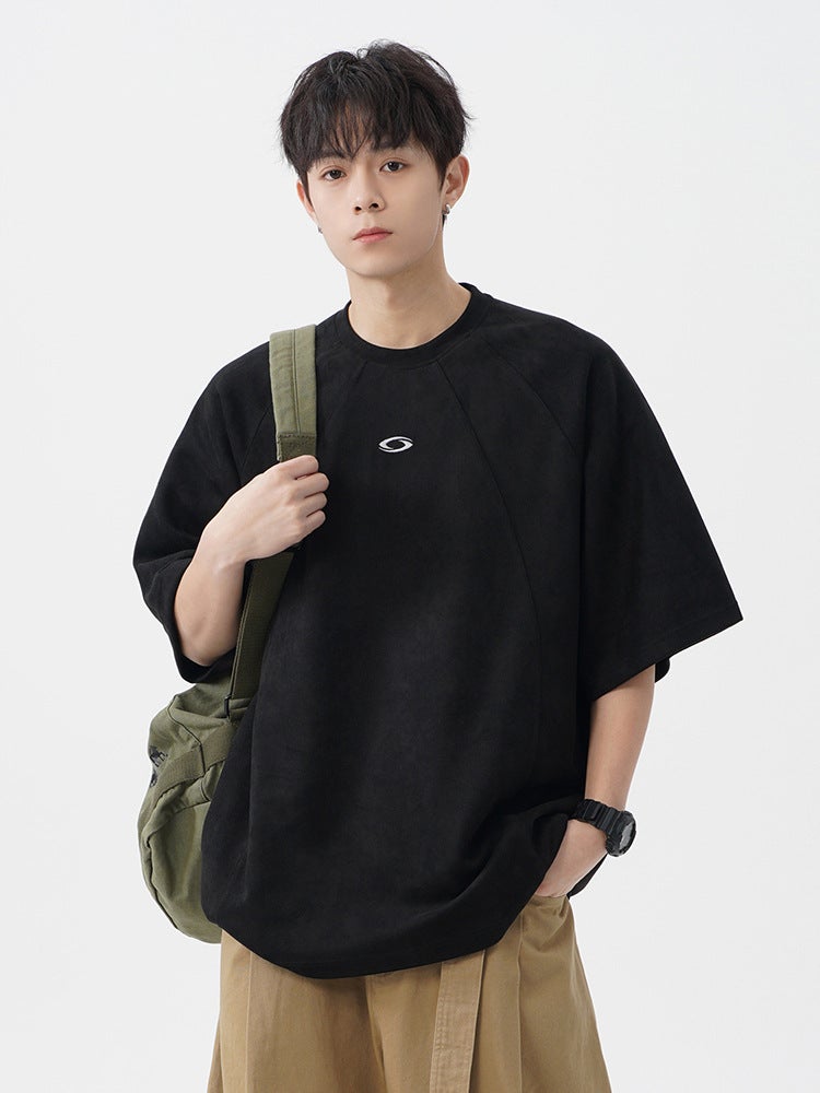 Three-Dimensional Segmented Suede Short-Sleeved T-Shirt For Men In Contrasting Color Embroidered Couple Loose Round Neck Half-Sleeved T-Shirt - Image 4