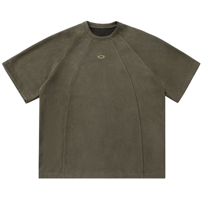 Three-Dimensional Segmented Suede Short-Sleeved T-Shirt For Men In Contrasting Color Embroidered Couple Loose Round Neck Half-Sleeved T-Shirt - Image 1