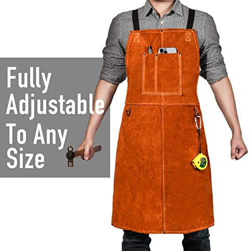 LeaSeek Leather Welding Work Apron - Heat Resistant & Flame Resistant Bib Apron, Flame Retardant Heavy Duty BBQ Apron, Adjustable Fit M-XXXL Men & Women (24" X 36" Tan) - Image 2