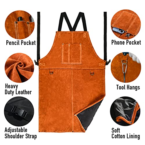 LeaSeek Leather Welding Work Apron - Heat Resistant & Flame Resistant Bib Apron, Flame Retardant Heavy Duty BBQ Apron, Adjustable Fit M-XXXL Men & Women (24" X 36" Tan) - Image 3