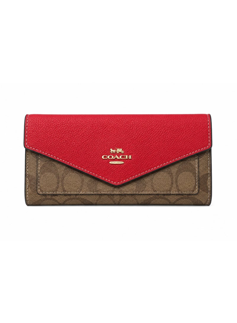 كوتش اوت ليت محفظة كوتش (Coach) النسائية بتصميم المظروف – نقشة Signature باللون البني مع جلد أحمر وشعار ذهبي - Image 1