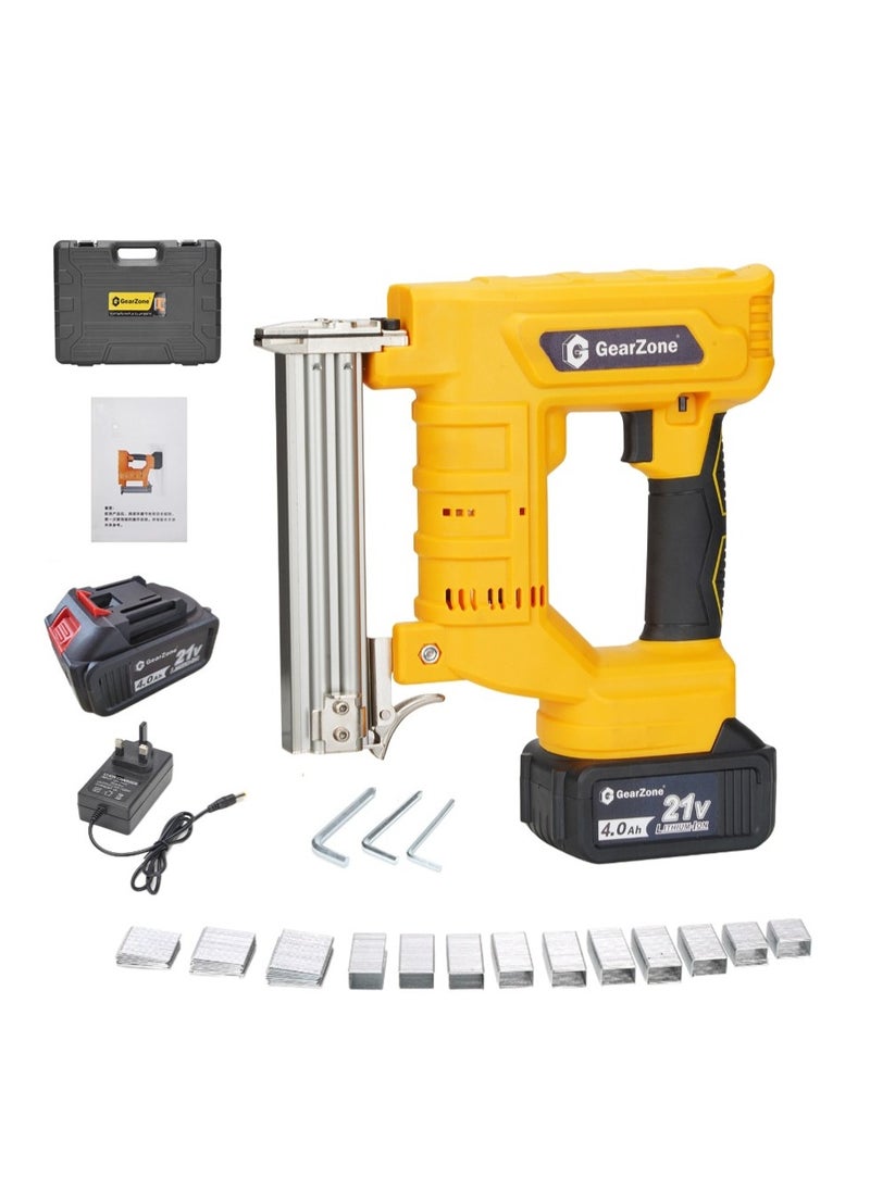 GearZone - GearZone 21v Cordless Staple Gun Brad Nailer with Fast Charger and 2pcs Lithium Battery 1000pcs Straight Nails and 1000pcs Code Nails Packed in Tool Case - Image 1