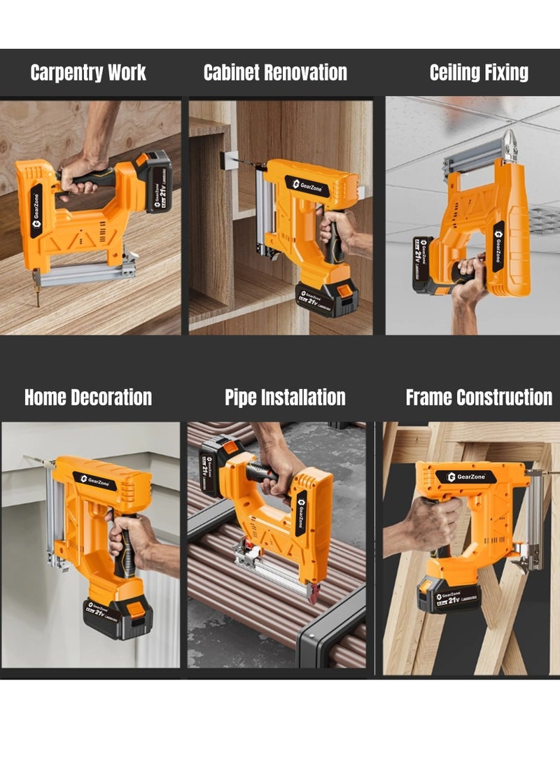 GearZone - GearZone 21v Cordless Staple Gun Brad Nailer with Fast Charger and 2pcs Lithium Battery 1000pcs Straight Nails and 1000pcs Code Nails Packed in Tool Case - Image 1
