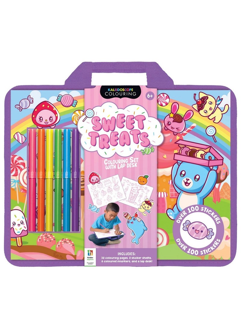 Hinkler Sweet Treats Colouring Set with Lap Desk - DIY Colouring Kit for Kids includes 32 colouring pages, 2 sticker sheet, 6 coloured markers and a lap desk, Fun Sweet Treats Designs, Portable Lap Desk for Creative Play, Gift for Young Artists - Image 1