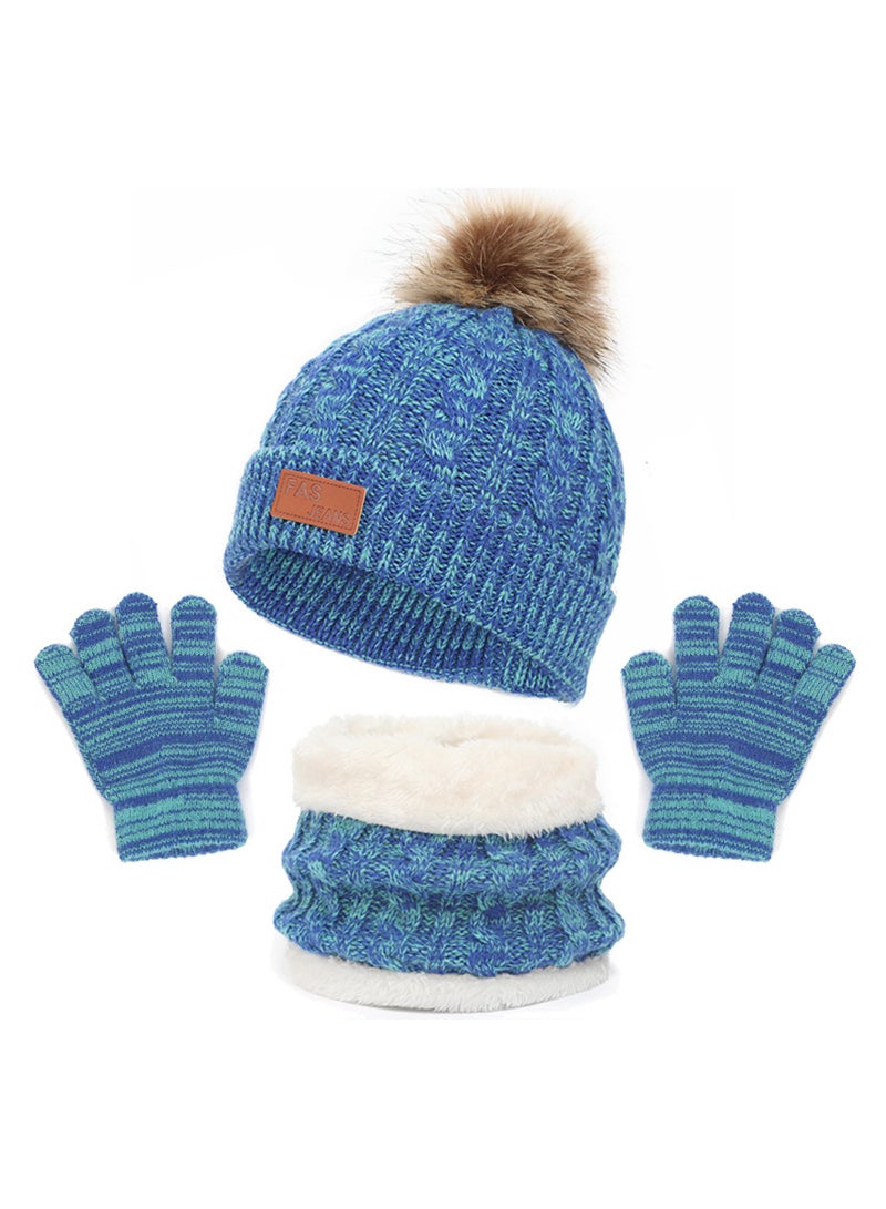 Kids Winter Beanie Hat Scarf Gloves Set for 2-6 Years Old, Toddler Winter Knit Hat Gloves Neck Warmer with Fleece Lined, Blue - Image 1
