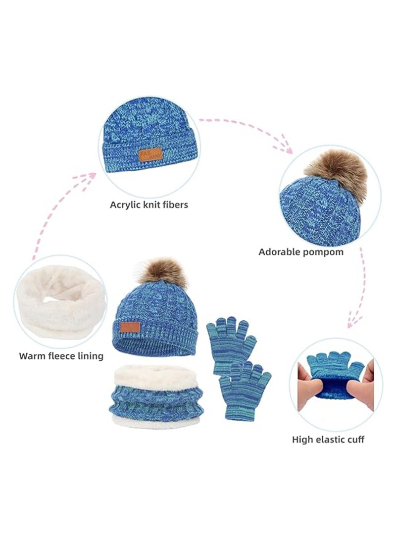 Kids Winter Beanie Hat Scarf Gloves Set for 2-6 Years Old, Toddler Winter Knit Hat Gloves Neck Warmer with Fleece Lined, Blue - Image 4