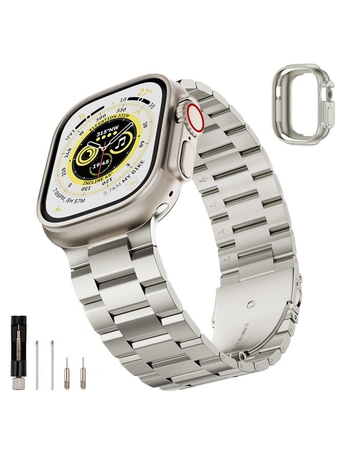 SUNFWR Compatible with Apple Watch Band 49mm for Men Women, Stainless Steel Metal iWatch Band with Case for Apple Watch Ultra (Starlight, 49mm) - Image 1