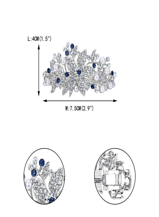 EVER FAITH Austrian Crystal Bridal Hibiscus Cream Simulated Pearl Hair Clip Barrette Blue Silver-Tone - Image 3