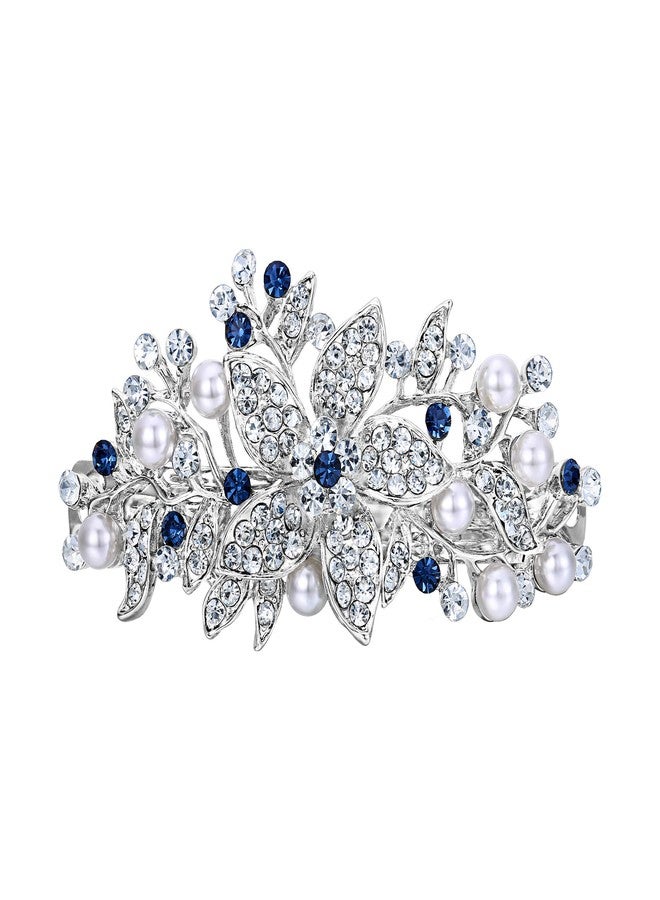 EVER FAITH Austrian Crystal Bridal Hibiscus Cream Simulated Pearl Hair Clip Barrette Blue Silver-Tone - Image 1