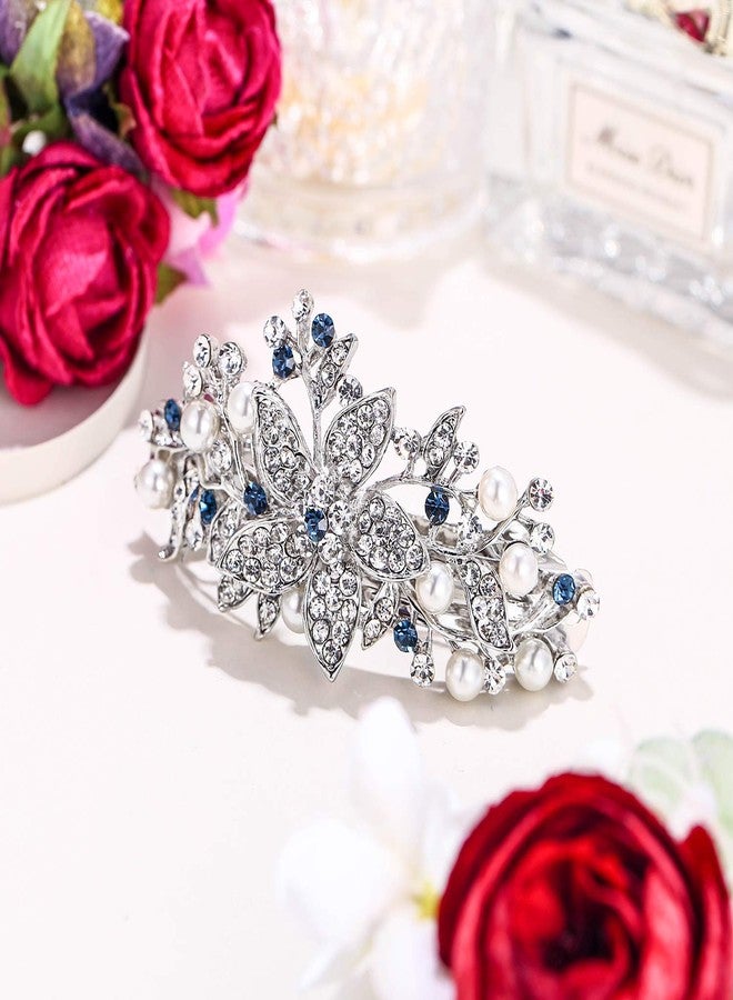 EVER FAITH Austrian Crystal Bridal Hibiscus Cream Simulated Pearl Hair Clip Barrette Blue Silver-Tone - Image 4