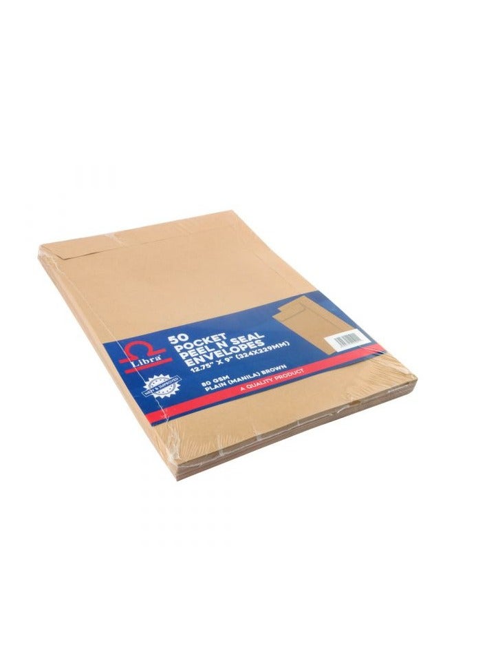 Libra 50 Pocket Peel N Seal Envelopes 12.75" x 9"(324x229mm) 80 GSM Plain (MANILA) Brown - Image 1
