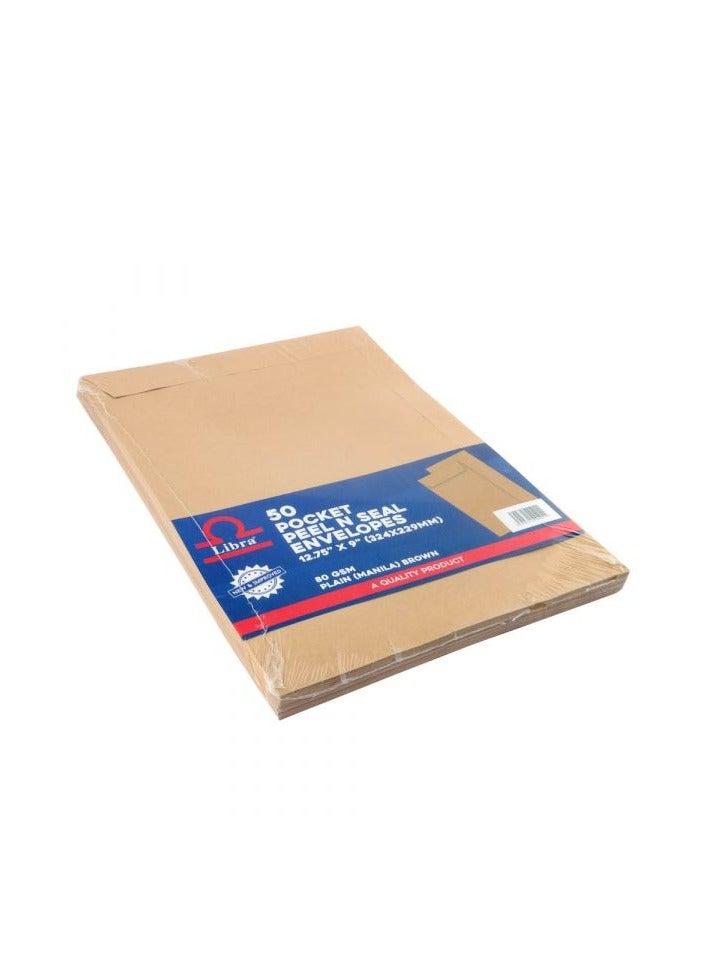 Libra 50 Pocket Peel N Seal Envelopes 12.75" x 9"(324x229mm) 80 GSM Plain (MANILA) Brown - Image 2
