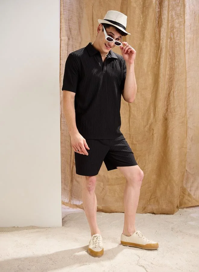 SASSAFRAS Black Textured Relaxed Fit Polo Neck T-Shirt