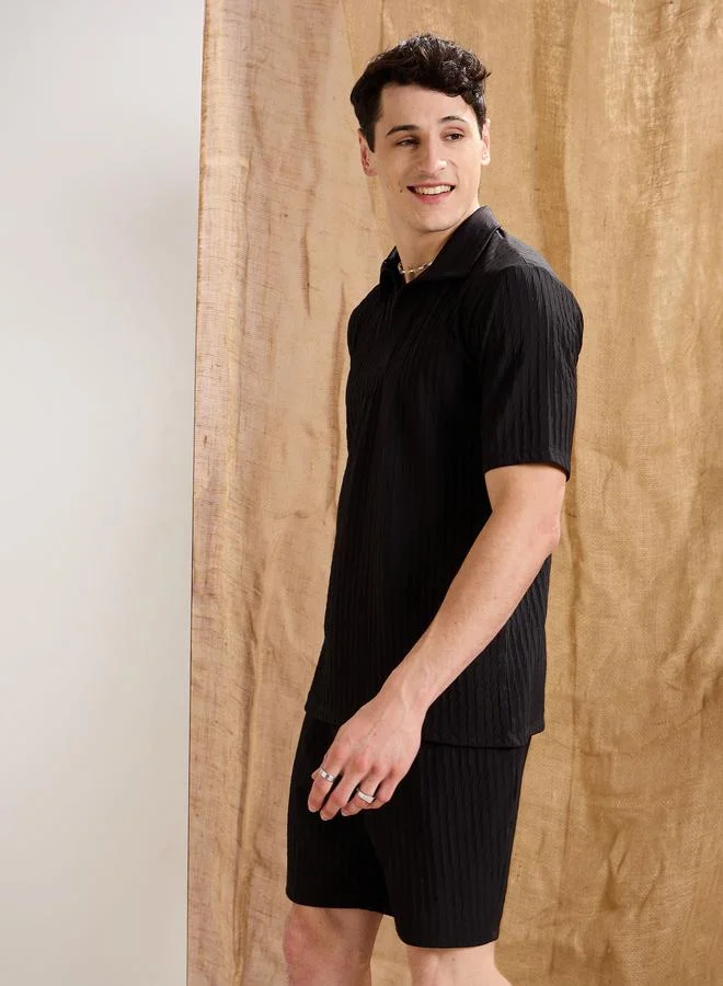 SASSAFRAS Black Textured Relaxed Fit Polo Neck T-Shirt