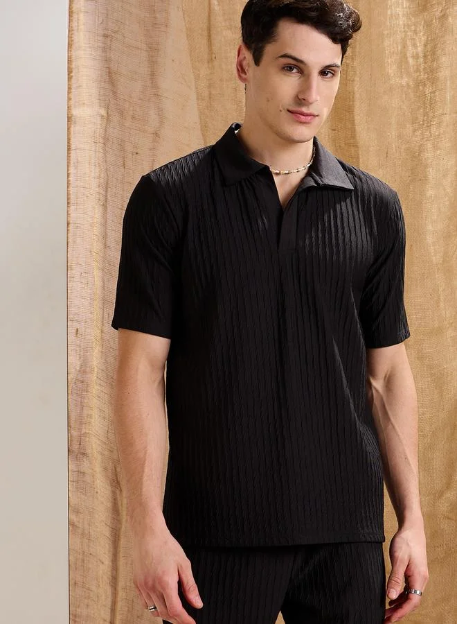 SASSAFRAS Black Textured Relaxed Fit Polo Neck T-Shirt