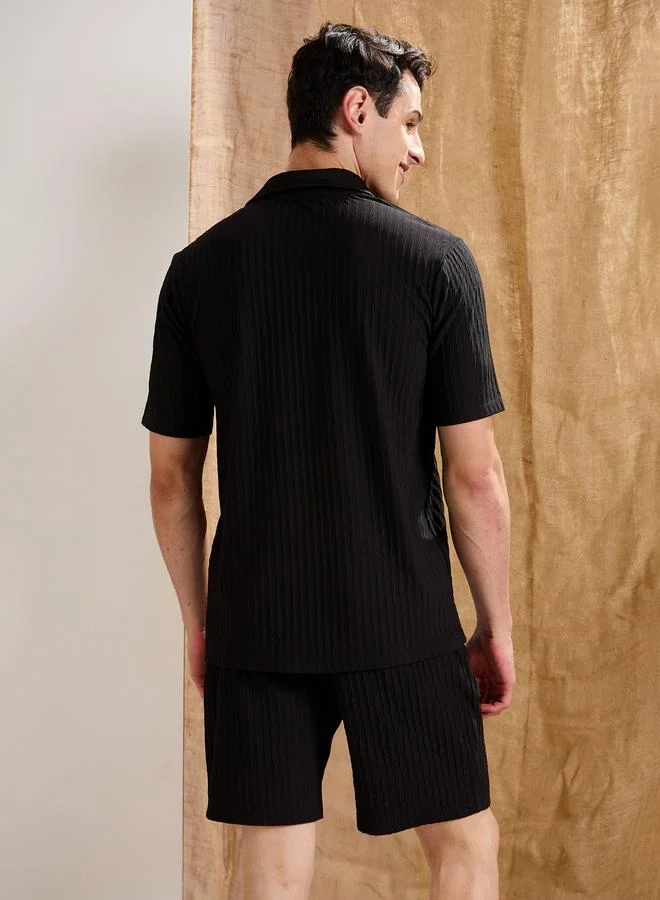SASSAFRAS Black Textured Relaxed Fit Polo Neck T-Shirt