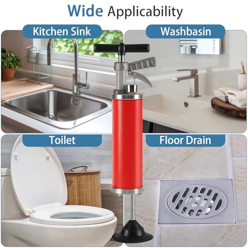 Olpchee Portable High Pressure Kinetic Toilet Plunger Air Drain Blaster Pump for Bath Toilets Bathroom Shower Kitchen Clogged Pipe (Red) - Image 4