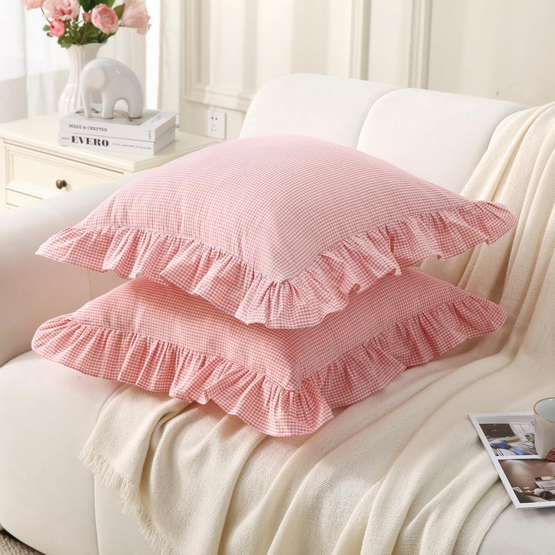 Silnuo Pink/White Plaid Ruffle Throw Pillow Covers Farmhouse Checkered Gingham 20"x20" Vintage Washed Cotton Pillow Shams for Couch,Sofa,Bed and Living Room - Image 3