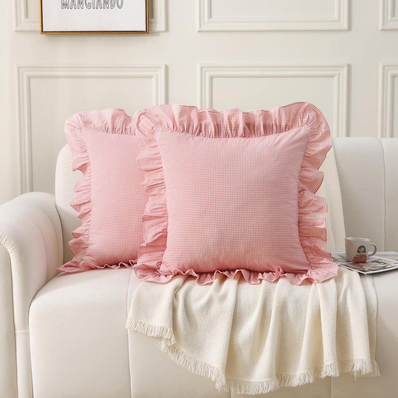 Silnuo Pink/White Plaid Ruffle Throw Pillow Covers Farmhouse Checkered Gingham 20"x20" Vintage Washed Cotton Pillow Shams for Couch,Sofa,Bed and Living Room - Image 2