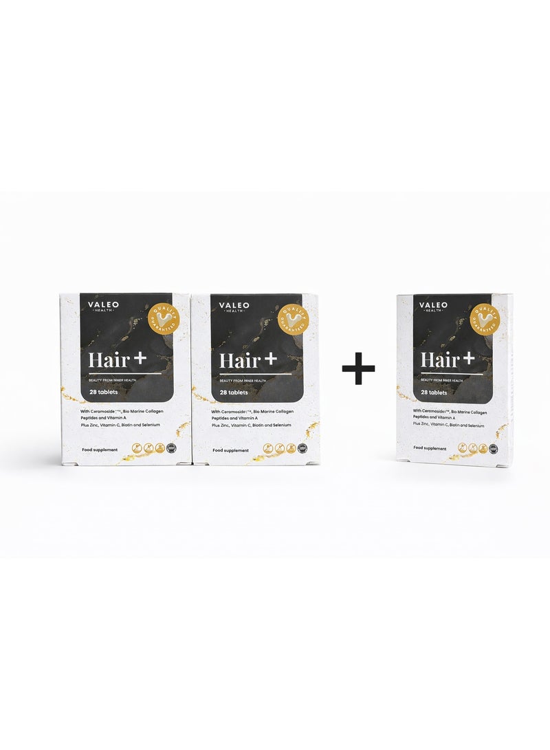 Valeo Hair+ | Biotin & Collagen Peptides Supplement | 28 Actives | Supports Thicker Looking Hair | Multivitamins for Women | 84 Tablets (2 + 1 Free) - Image 1