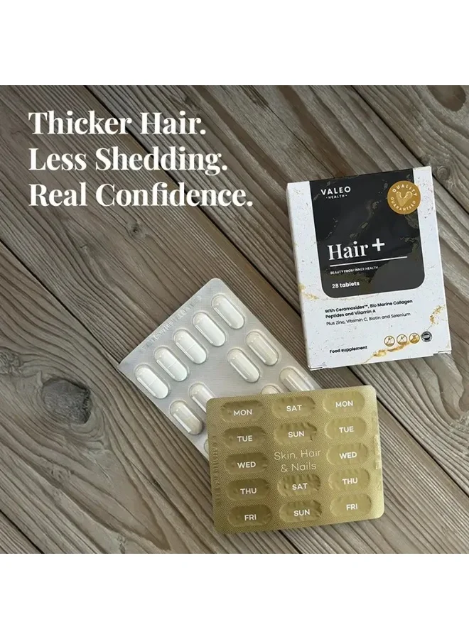 فاليو فاليو هير+ | مكمل غذائي يحتوي على البيوتين وببتيدات الكولاجين | 28 مكونًا فعالًا | يدعم نمو شعر أكثر كثافة | فيتامينات متعددة للنساء | 84 قرصًا (2 + 1 مجانًا)