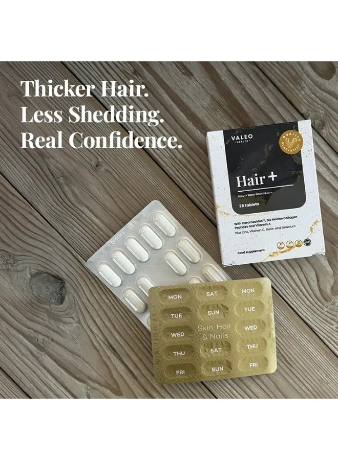 Valeo Hair+ | Biotin & Collagen Peptides Supplement | 28 Actives | Supports Thicker Looking Hair | Multivitamins for Women | 84 Tablets (2 + 1 Free) - Image 2