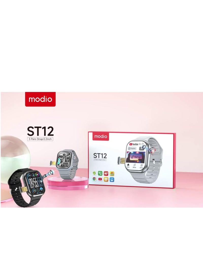 modio - Modio ST12 Smart Watch 2.2 Inch Full Screen Display With 4G SIM card Support,HD reversible CAMERA 3 Pair Straps and Wireless Charger For Ladies and Gents (Silver) - Image 1