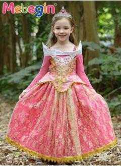 MEBEGIN Princess Aurora Costume with Stylish Design, Princess Dress Set with 3 Accessories, Fancy Elegant Princess Costumes for Girls, Fairy Tale Fancy Dress with Lace Cuffs and Gold Filigree, Suitable for Party, Birthday, Funfair, Stage Performance, Cosplay and Any Other Special Occasions  - Image 4