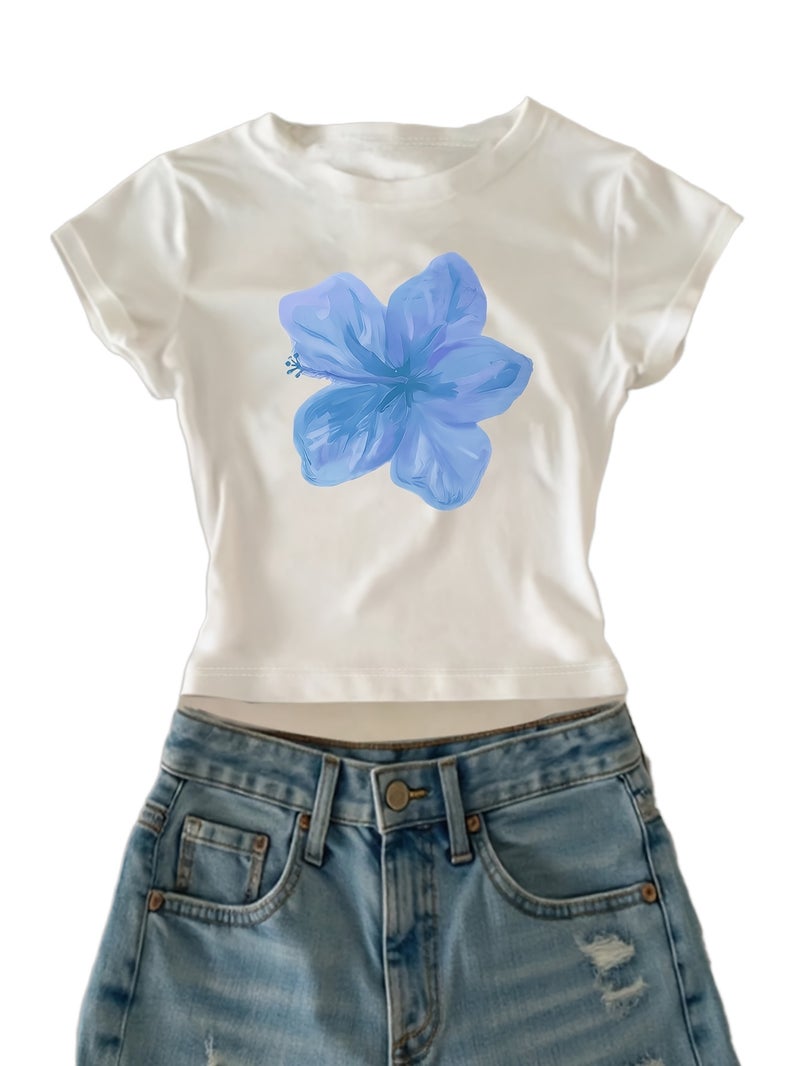 00008 - Women's Casual Top with Large Petal Print, Girly Heart, Ins - Style American Fashion, Versatile T - Shirt, New Summer Trendy Short Sleeve - CC73 - White 1 / XS - Image 1