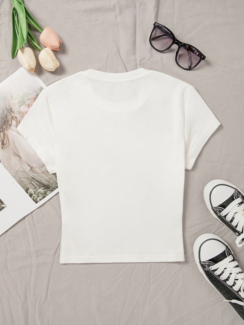 00008 - Women's Casual Top with Large Petal Print, Girly Heart, Ins - Style American Fashion, Versatile T - Shirt, New Summer Trendy Short Sleeve - CC73 - White 1 / XS - Image 2