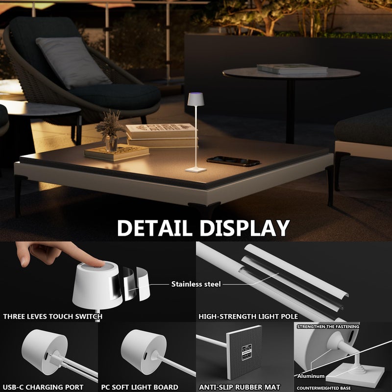 Timjorman Compact Cordless Table Lamp, Rechargeable LED Night Light, Dual Light Source (RGB Top & Warm Bottom), Touch Control & Timer, Metal Lamp for Bedroom & Kids Room (White 1PACK) - Image 3