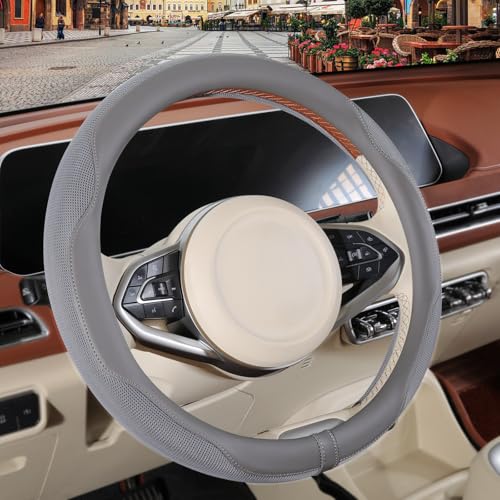 Binsheo Nappa Leather Gray Steering Wheel Cover Advanced Microfiber Leather NonSlip Breathable Fabric Warm in Winter and Cool in Summer Universal 15 inch - Image 1