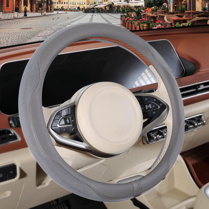 Binsheo Nappa Leather Gray Steering Wheel Cover Advanced Microfiber Leather NonSlip Breathable Fabric Warm in Winter and Cool in Summer Universal 15 inch - Image 3