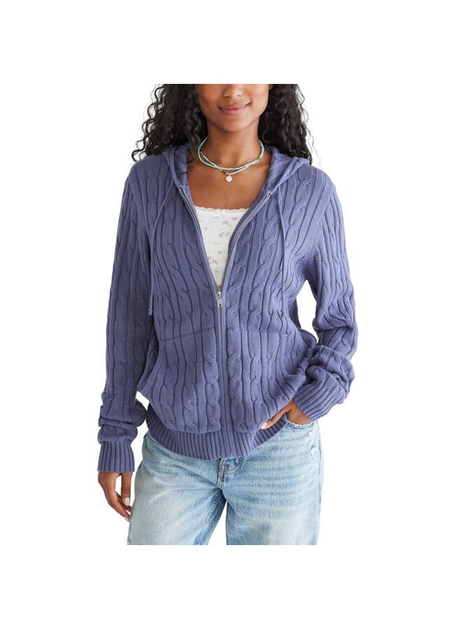 AEROPOSTALE Women's Zip Up Cable Sweater, Nightshadow Blue, XS
