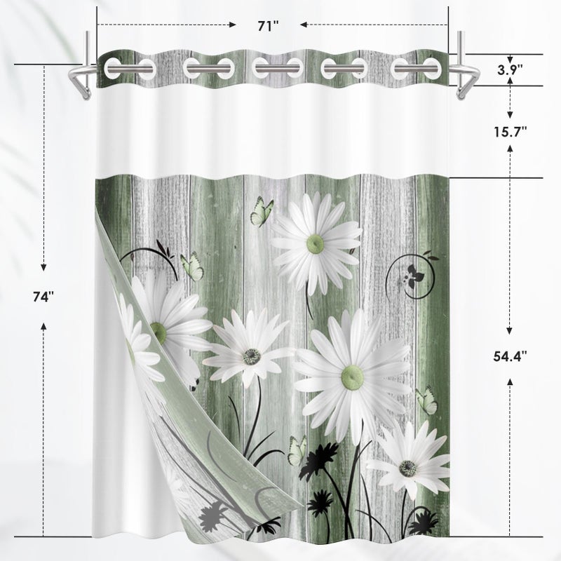 Nesphy No Hook Green Daisy and Butterfly Shower Curtain with Snap in Fabric Liner Set  Rustic Farmhouse Double Layers Waterproof Fabric with See Through Top Window Open Grommet Bath Curtain 71x74 Inch - Image 2