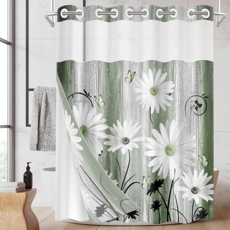 Nesphy No Hook Green Daisy and Butterfly Shower Curtain with Snap in Fabric Liner Set  Rustic Farmhouse Double Layers Waterproof Fabric with See Through Top Window Open Grommet Bath Curtain 71x74 Inch - Image 1