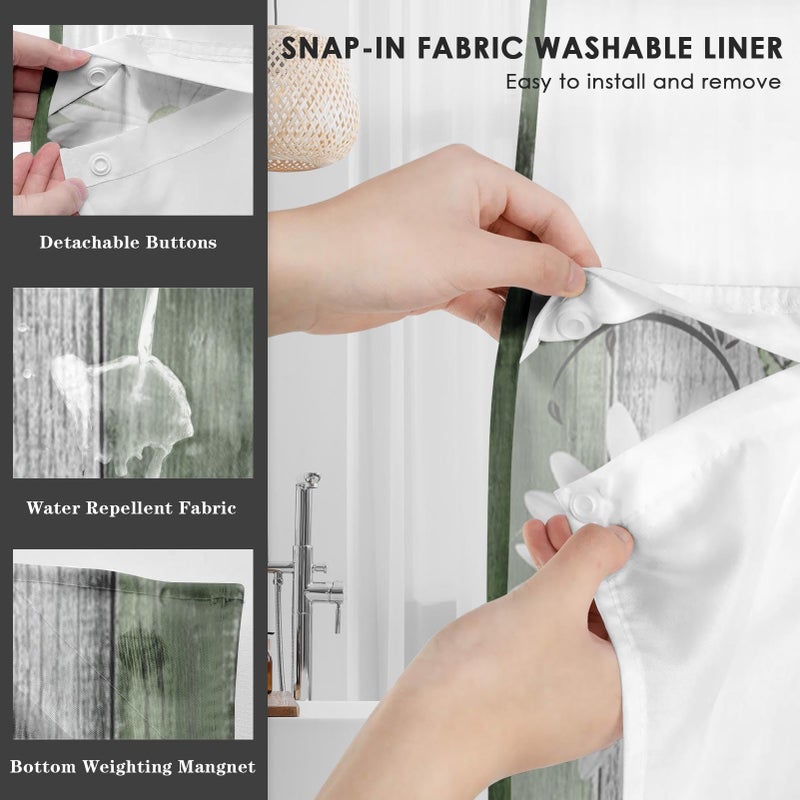 Nesphy No Hook Green Daisy and Butterfly Shower Curtain with Snap in Fabric Liner Set  Rustic Farmhouse Double Layers Waterproof Fabric with See Through Top Window Open Grommet Bath Curtain 71x74 Inch - Image 5